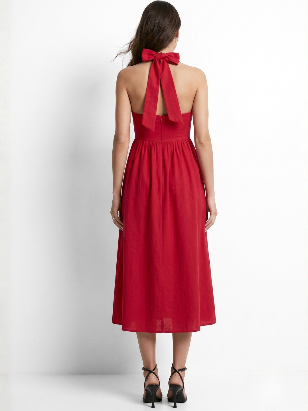 Red Square Neck Halter Dress With Pointed Waistline