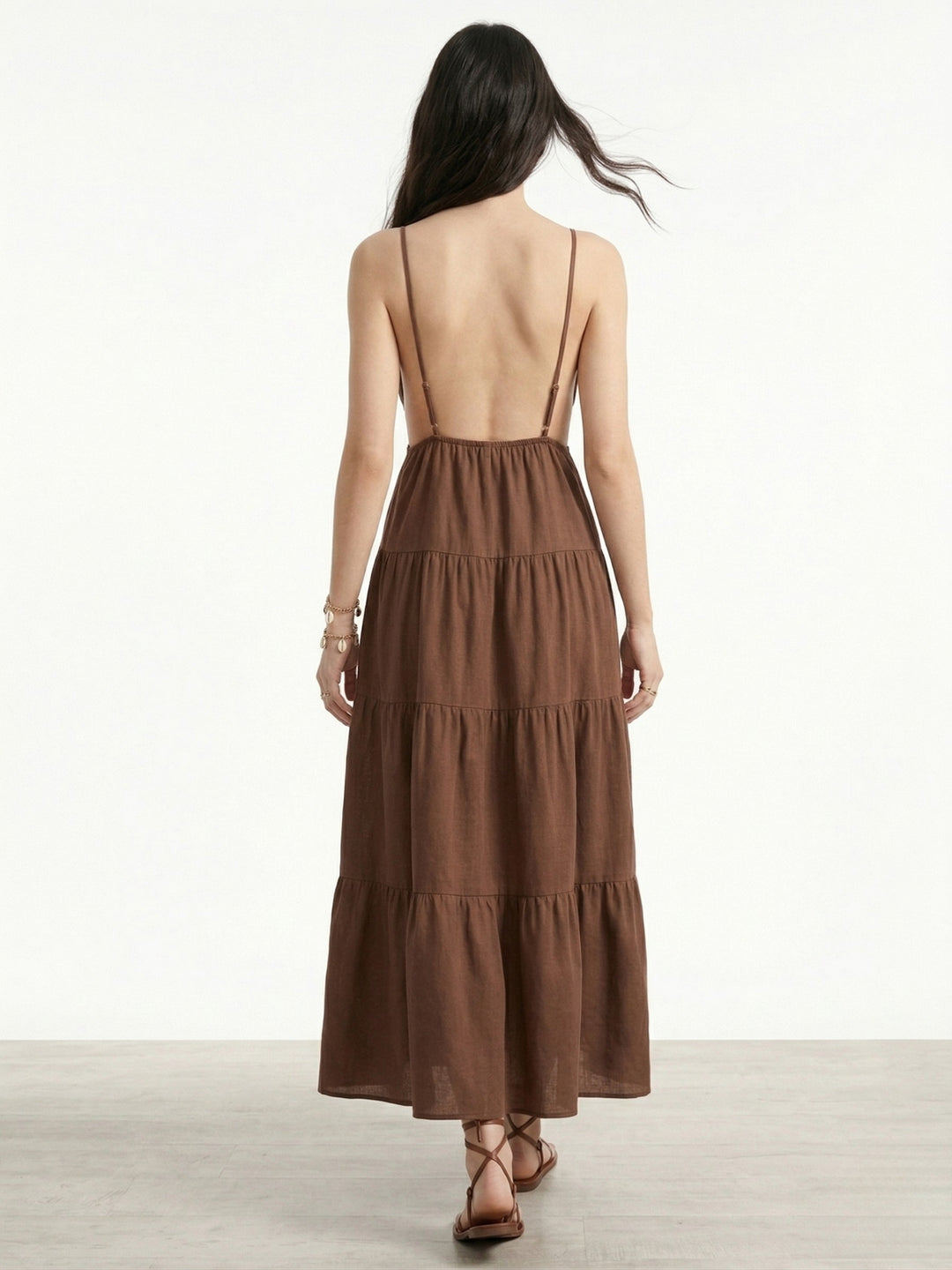 Brown Spaghetti Strap Metal Detail Dress
