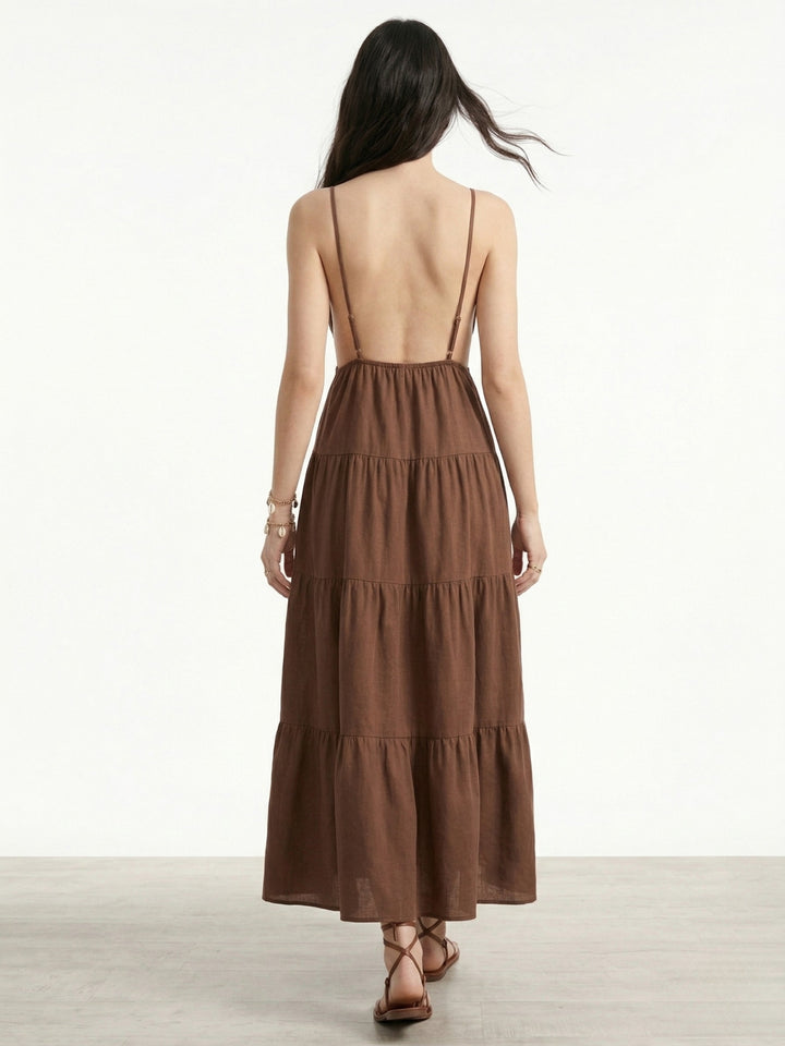 Brown Spaghetti Strap Metal Detail Dress