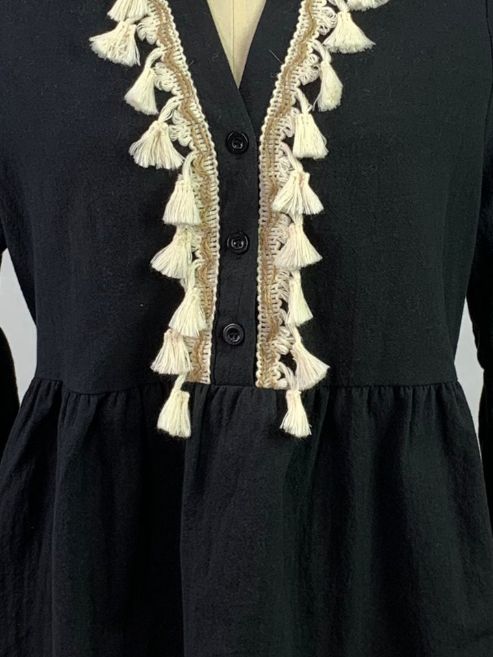 Black Tassel Detail Collared Top
