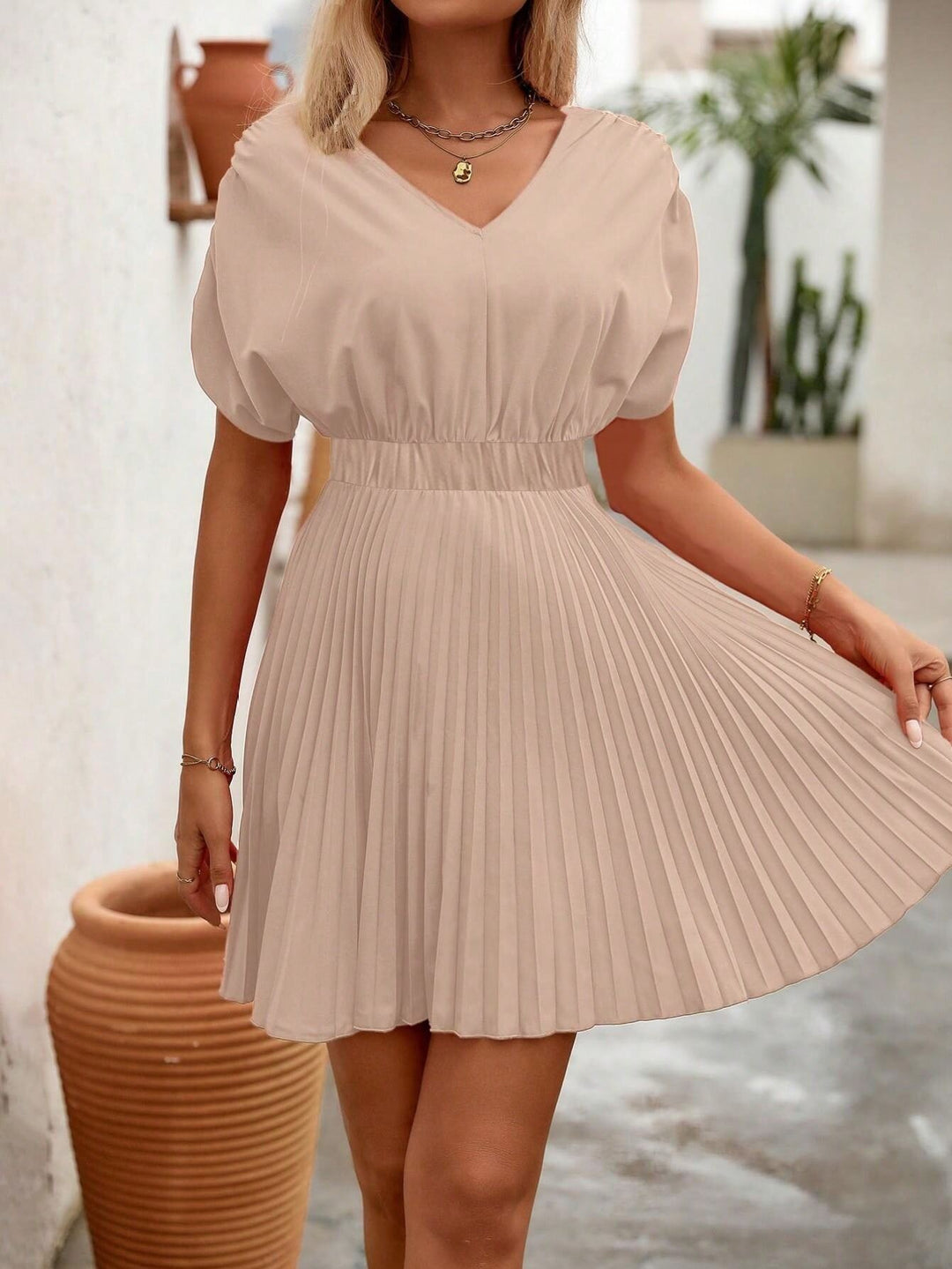 Beige V Neck Pleated Flared Dress