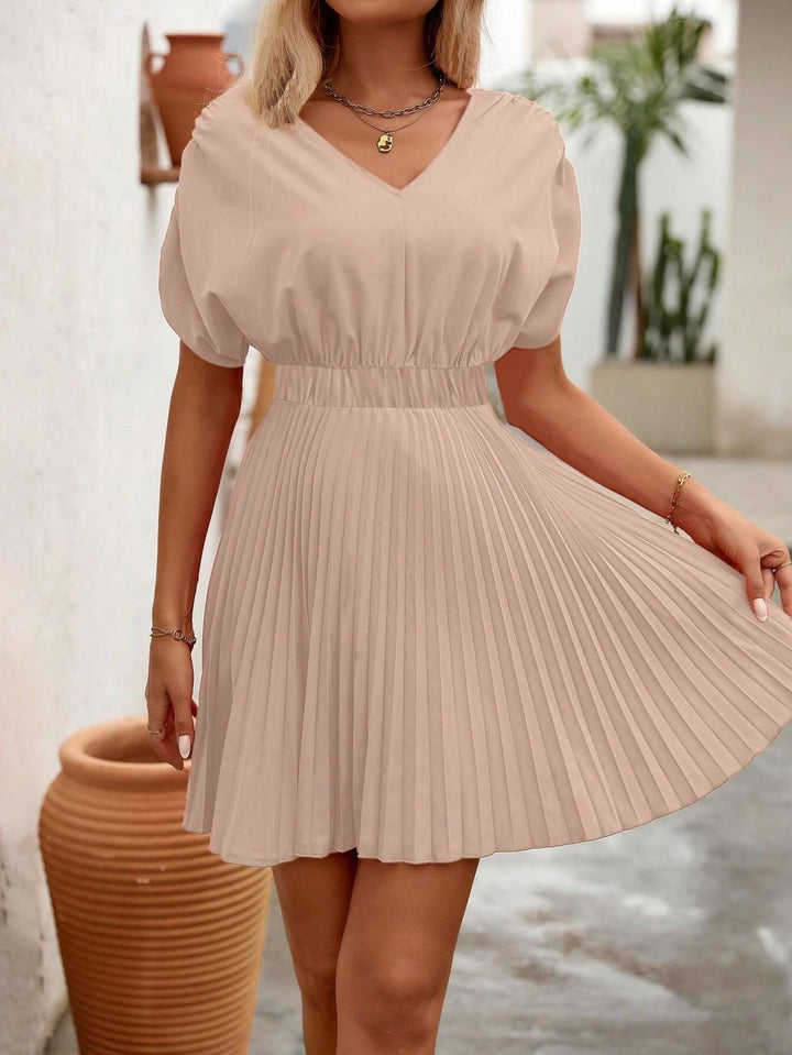 Beige V Neck Pleated Flared Dress