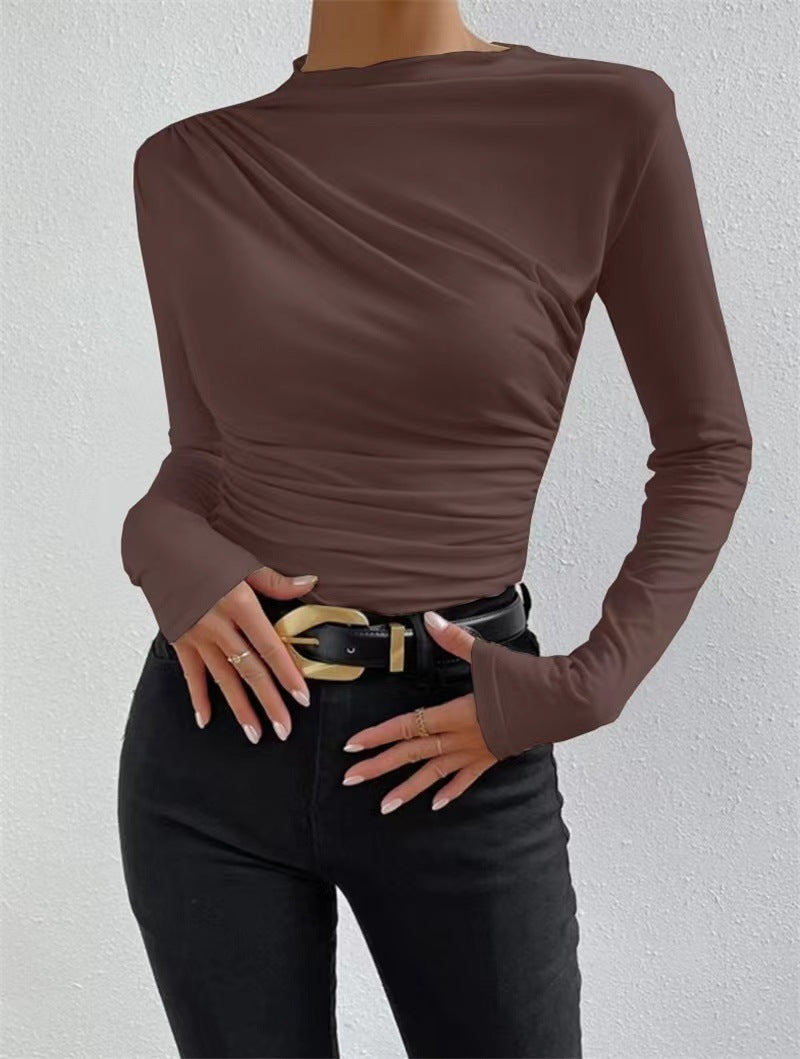 Brown High Neck Side Ruched Top