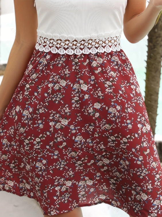Maroon Contrast Lace Detail Floral Dress