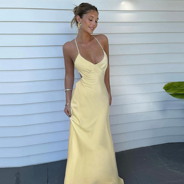Yellow Halter Neck Solid Evening Dress