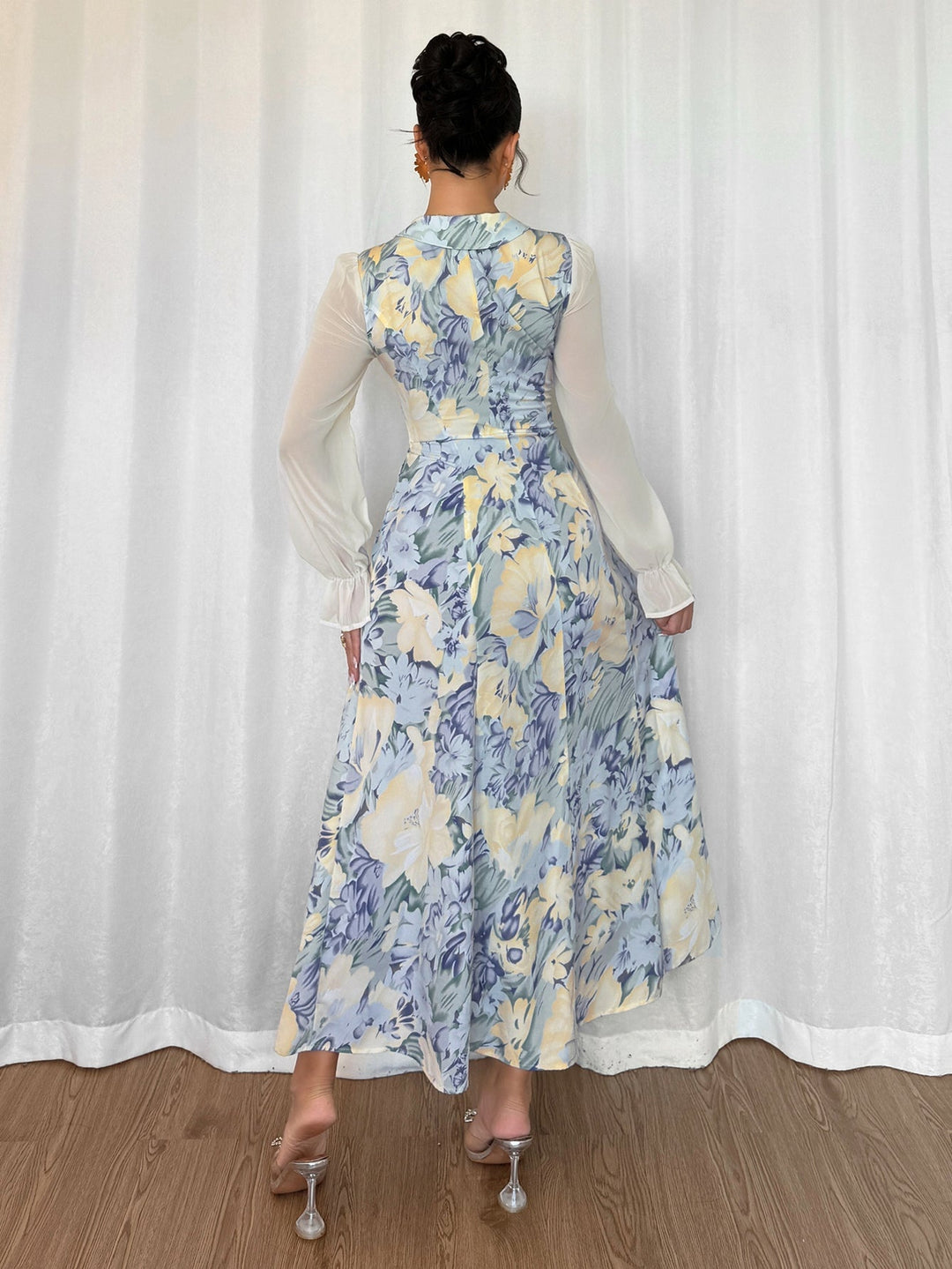 Multi Bishop Sleeve Collared Neck Dress