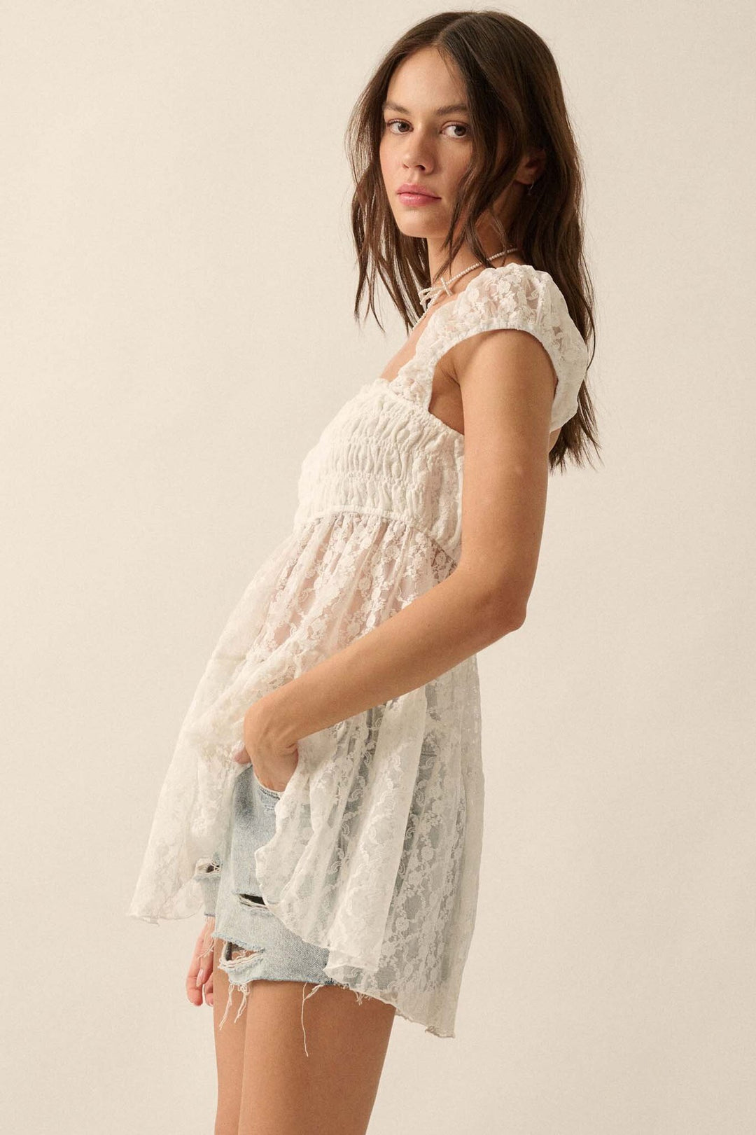 White Short Sleeves Lace Front Fitted Top