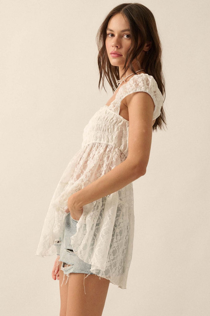 White Short Sleeves Lace Front Fitted Top