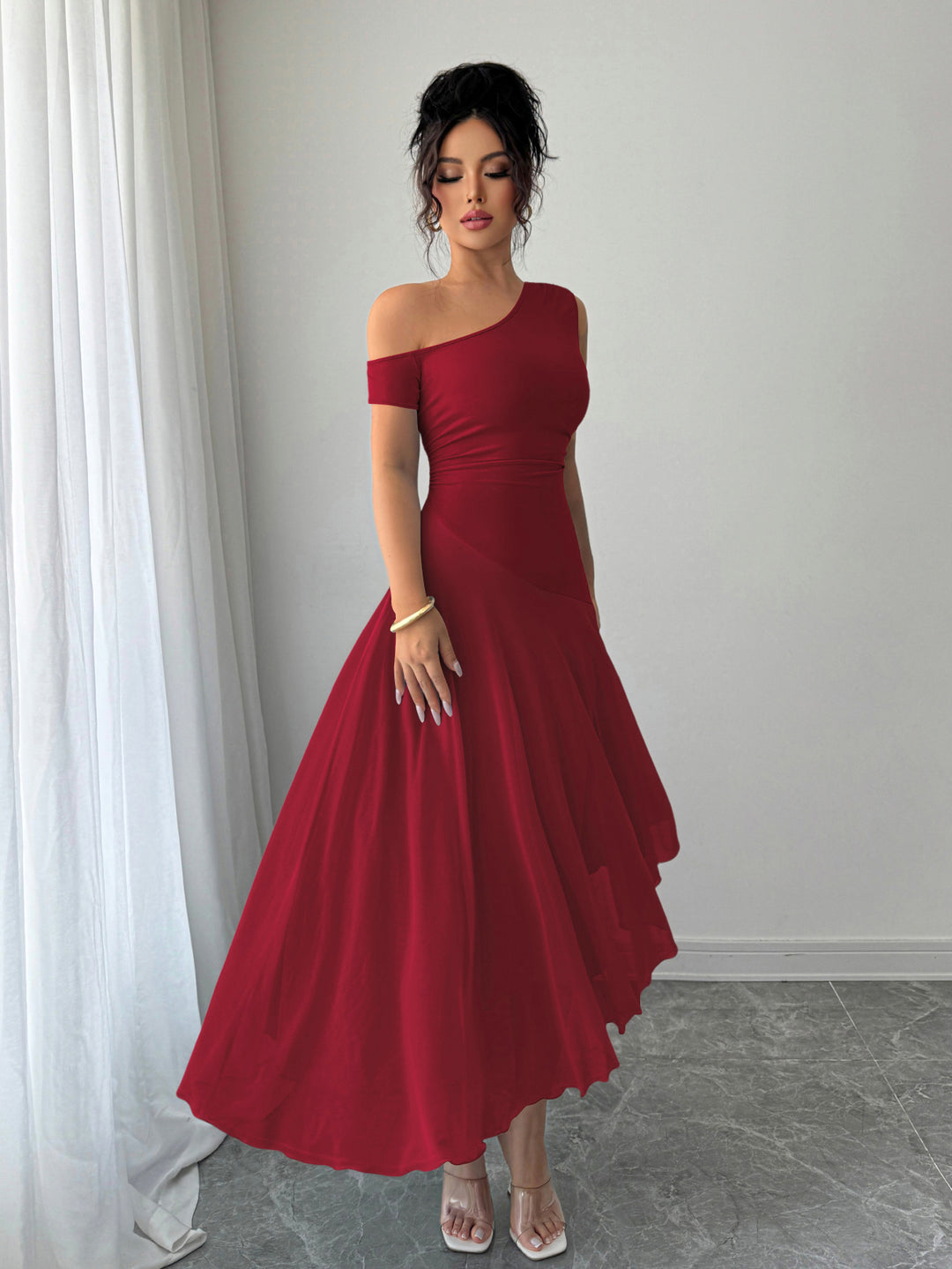Red One Shoulder Sleeveless Pleated Dress