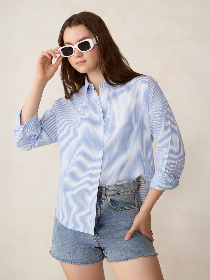 Blue Oversized Drop Shoulder Stripe Shirt