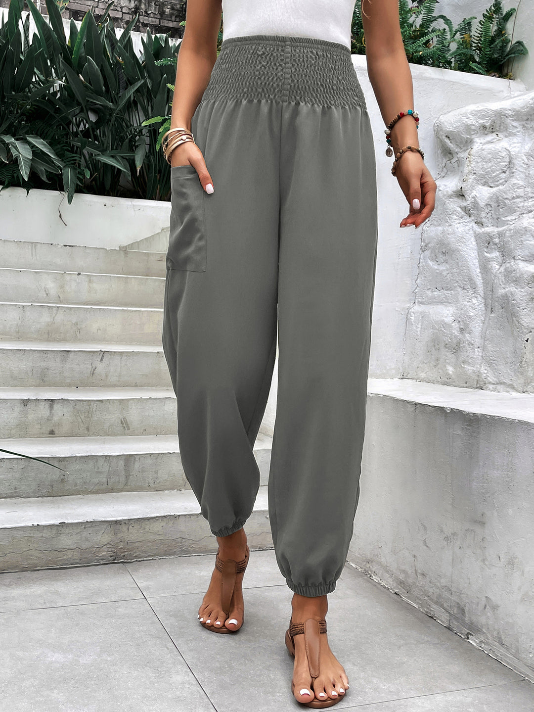 Grey Smoked Waistband Pant