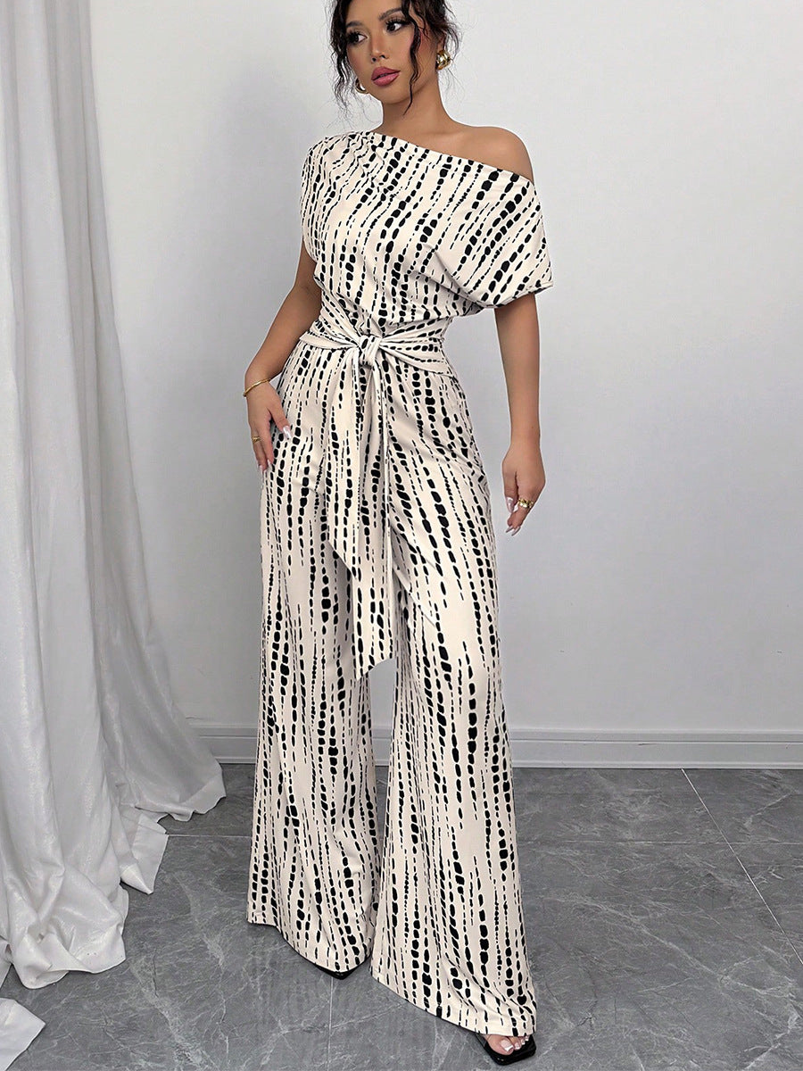 Cream Printed Tie Up Jumpsuit