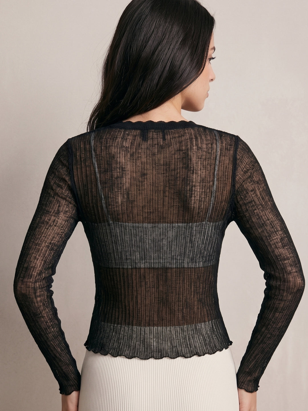 Black Pointelle Textured Cardigan Styled Top