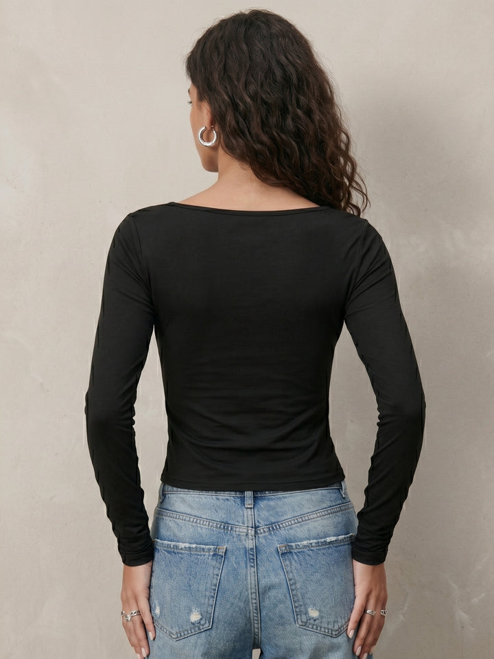 Black Asymmetric Neckline Fitted Top