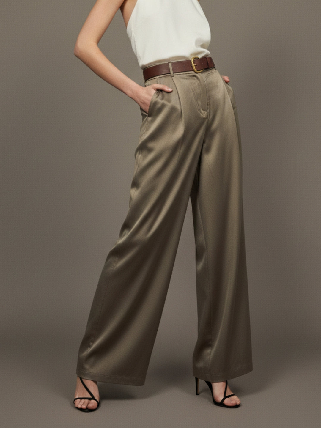 Beige Front Pleated Wide Leg Pant