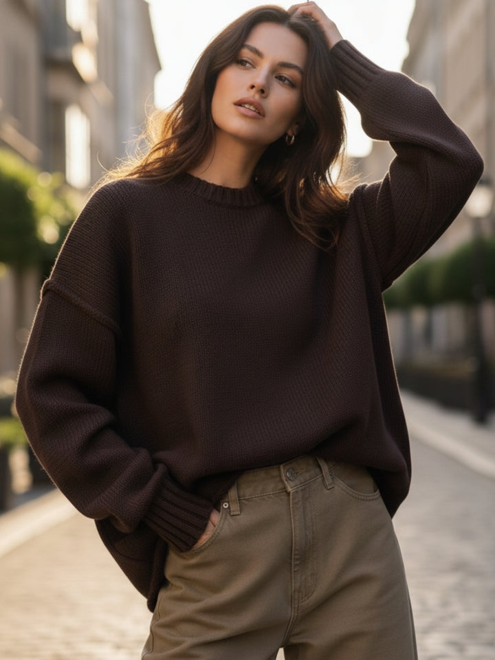 Brown Full Sleeve Crew Neck Relaxed Sweatshirt