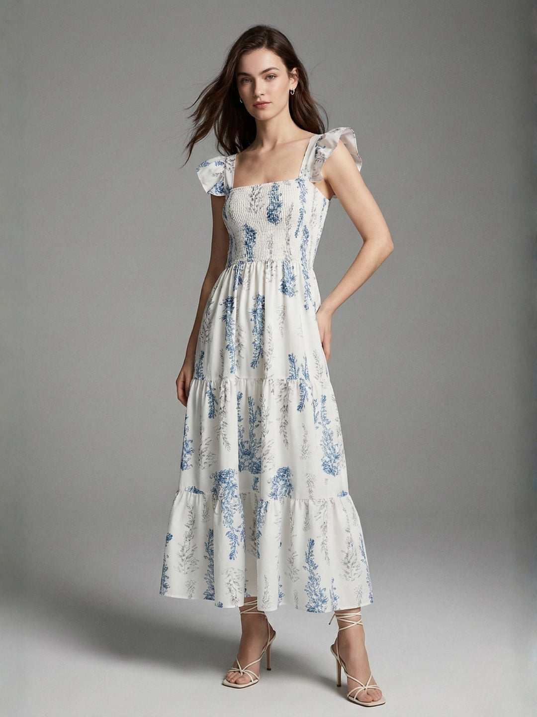 Off White Ruffle Sleeve Tiered Floral Printed Dress