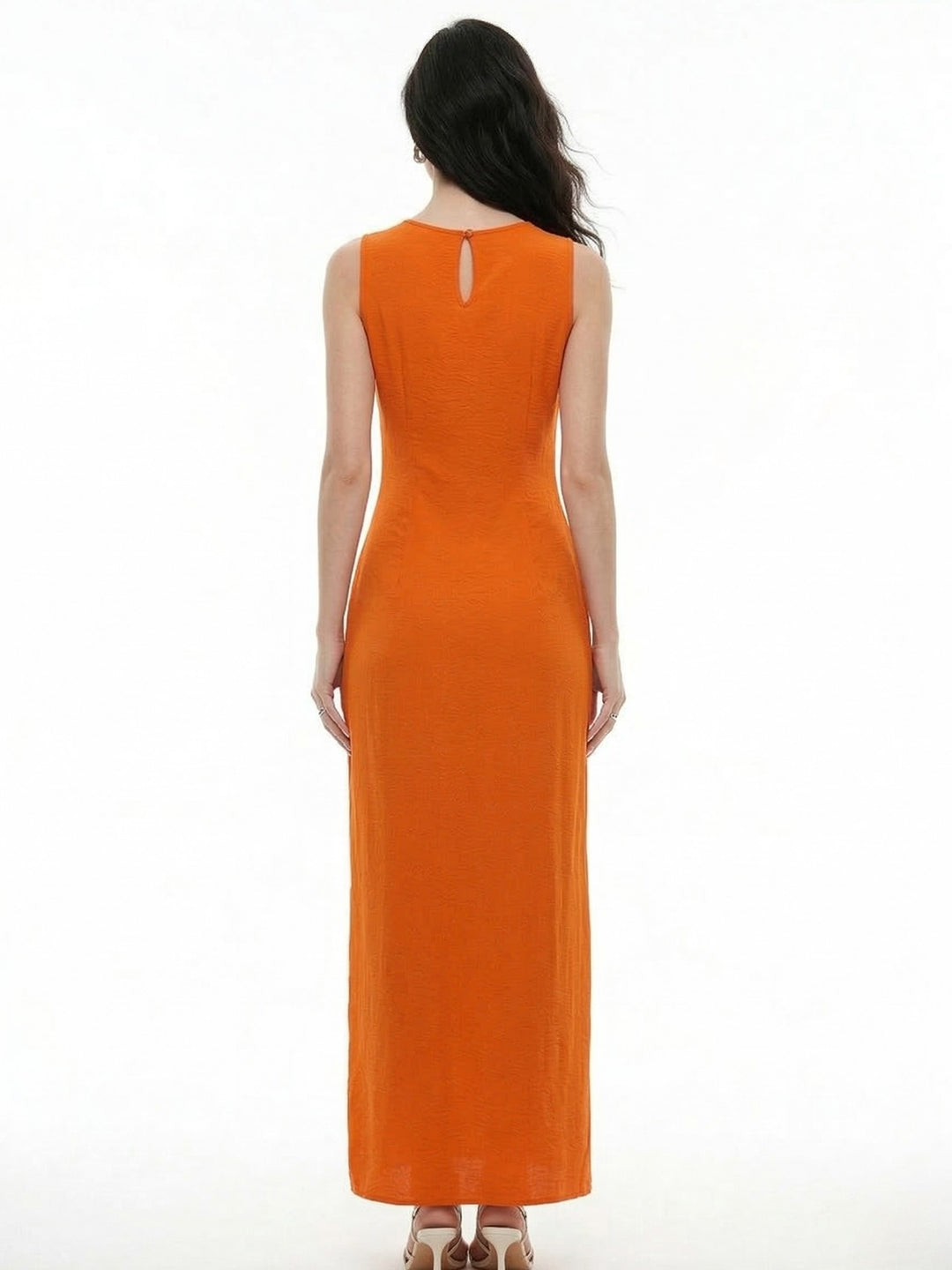 Orange High Neck Solid Textured Maxi