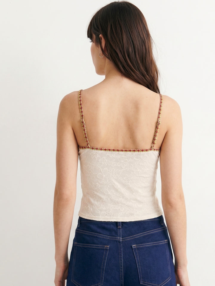 Cream Spaghetti Strap Lace Edge Tank