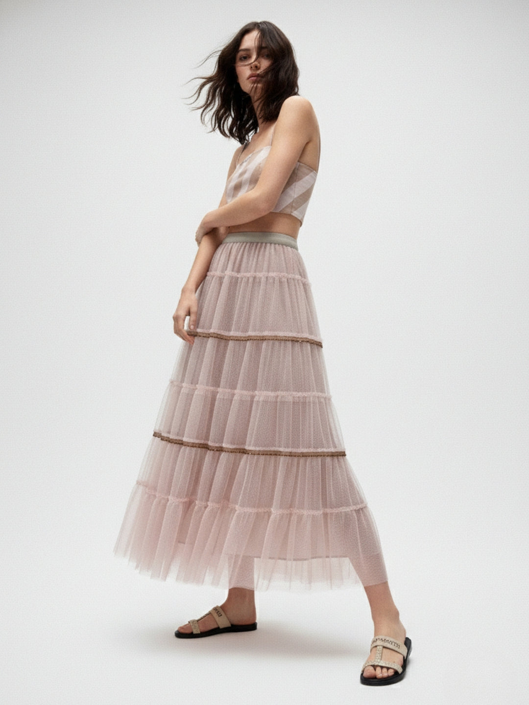Beige Sheer Tonal Tiered Maxi Skirt