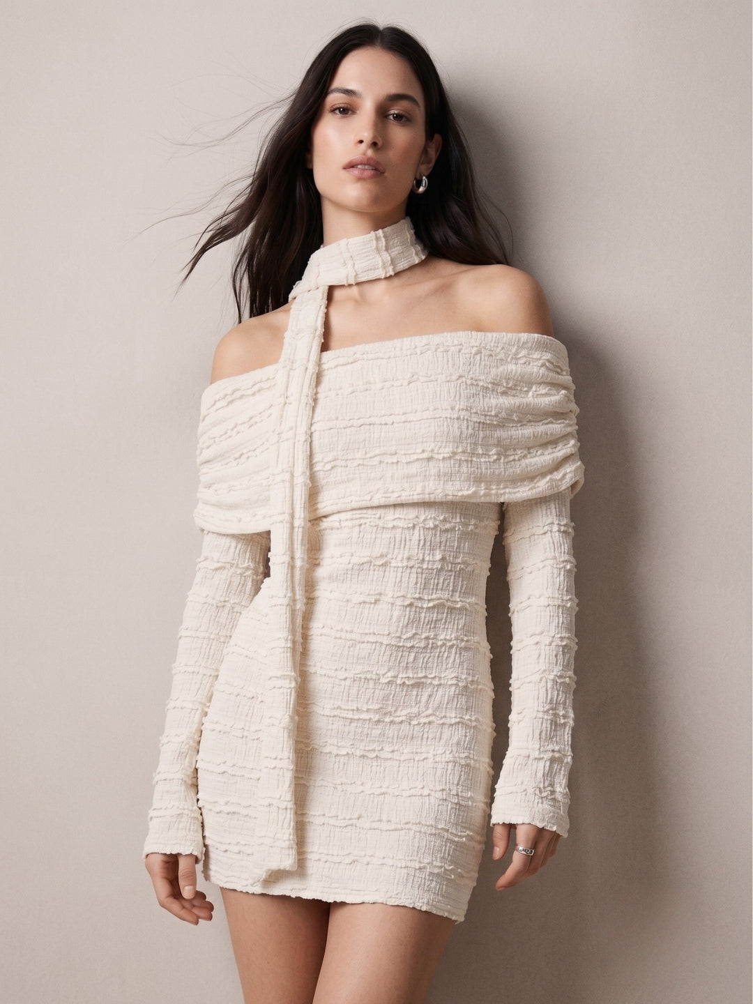 Off White Off-Shoulder Textured Dress With Scarf