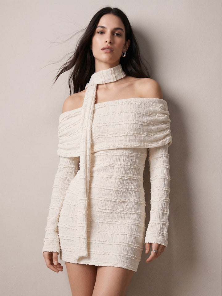 Off White Off-Shoulder Textured Dress With Scarf