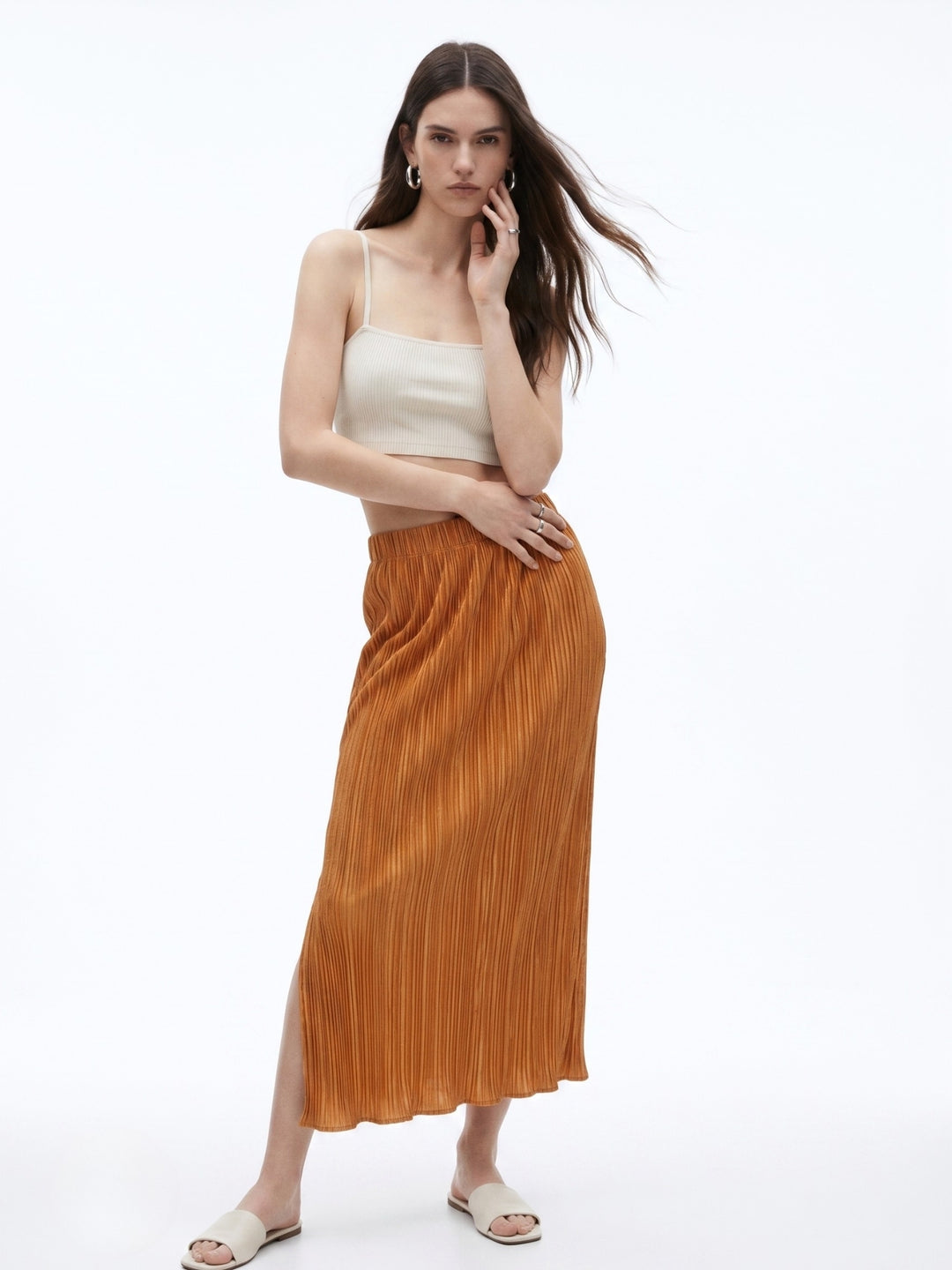 Mustard High Waist Textured Slit Skirt