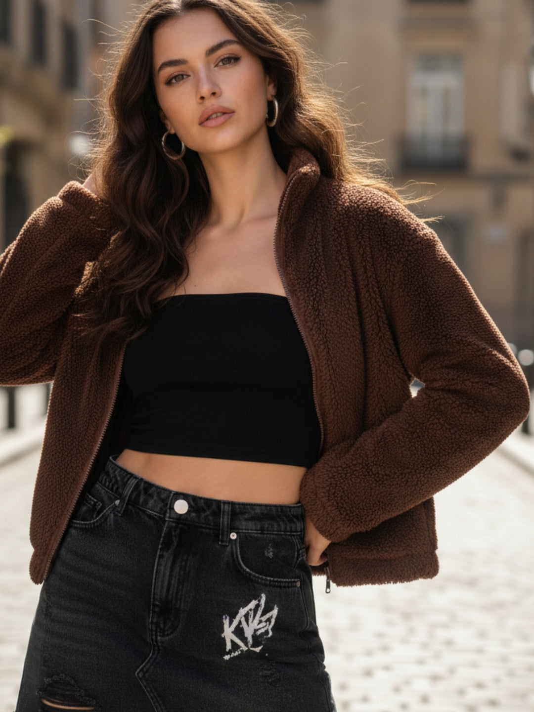 Brown Teddy Fur Collared Jacket