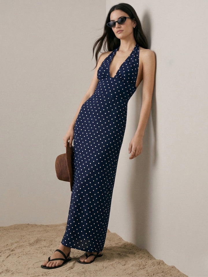 Navy Blue Polka Dotted Halter Neck Maxi Dress