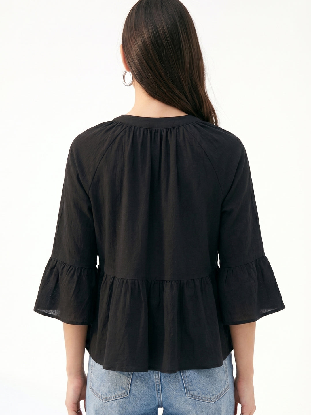 Black Tassel Detail Collared Top