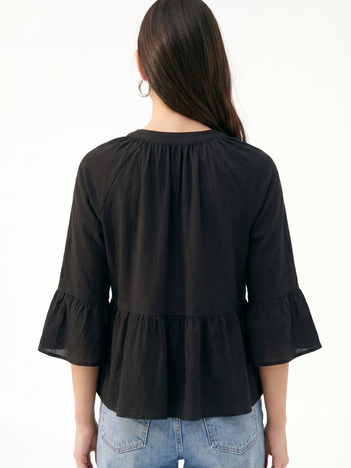 Black Tassel Detail Collared Top