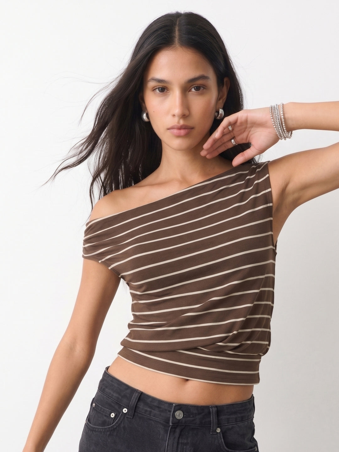 Brown One Shoulder Striped Top