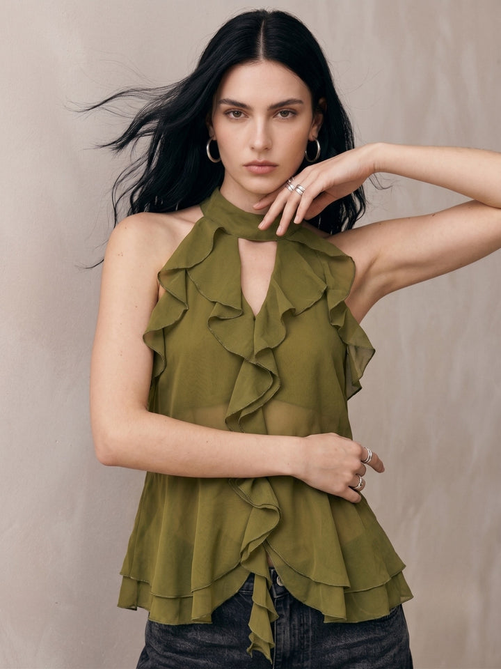 Olive Halter Neck With Ruffles Top