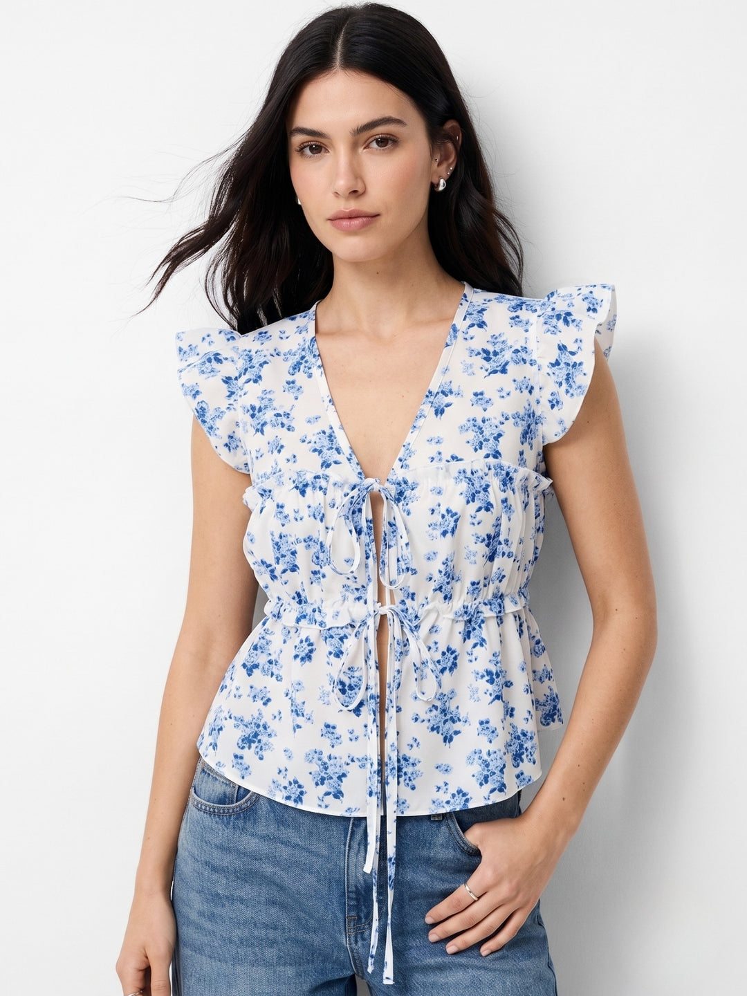 Multi Plunge Neck Printed Blouse