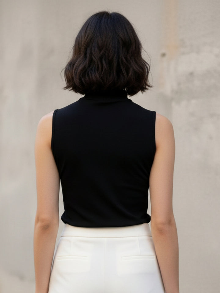 Black Sleeveless Round Neck Mesh Detail Top