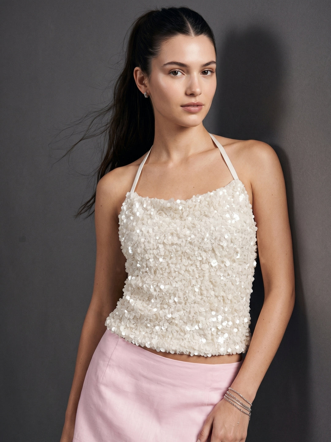 Cream Sequined Halter Neck Top