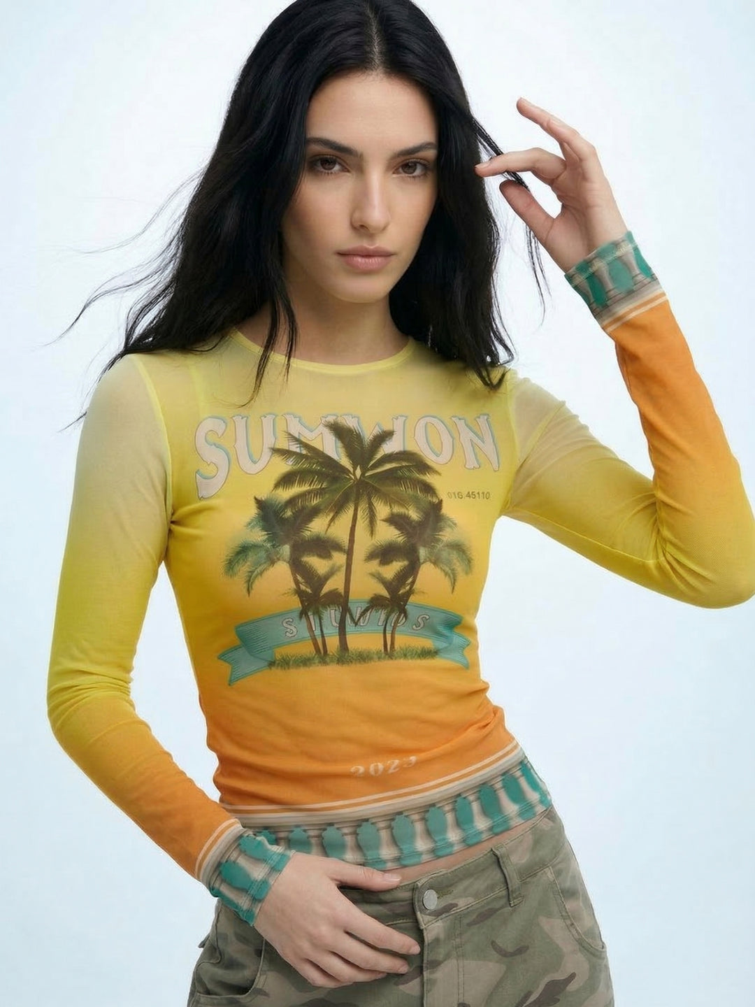 Yellow Printed Full Sleeved Mesh Top