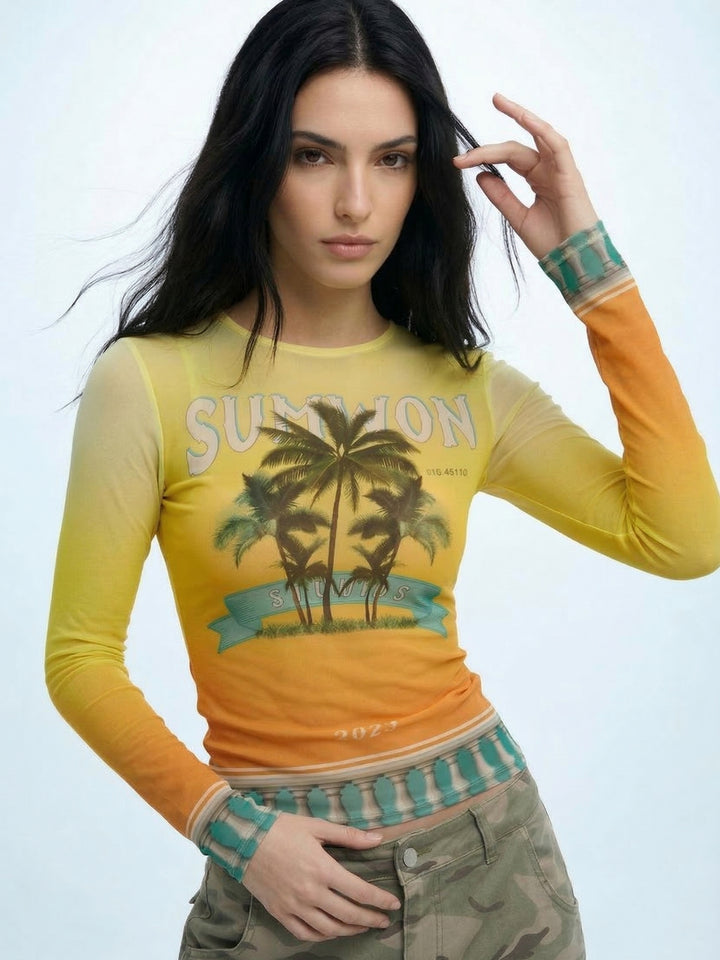 Yellow Printed Full Sleeved Mesh Top