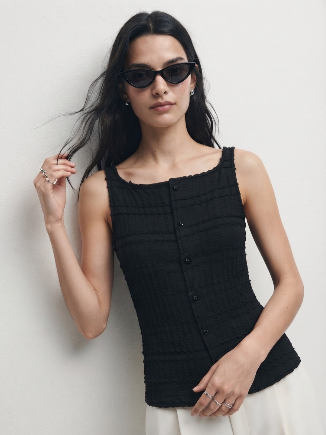 Black Sleeveless Front Buttoned Textured Vest