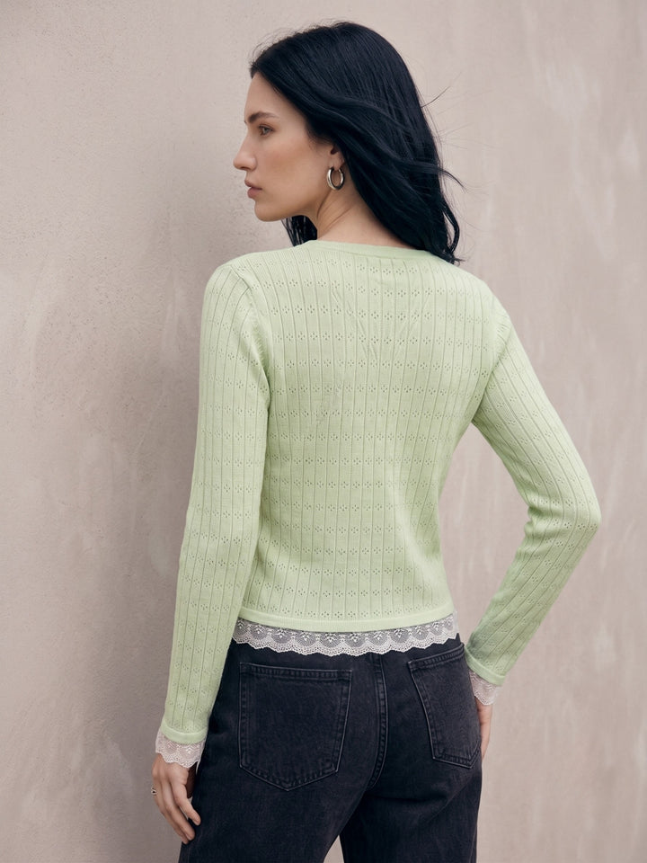 Mint Button Down Top With Lace Inserts At Hem And Sleeves