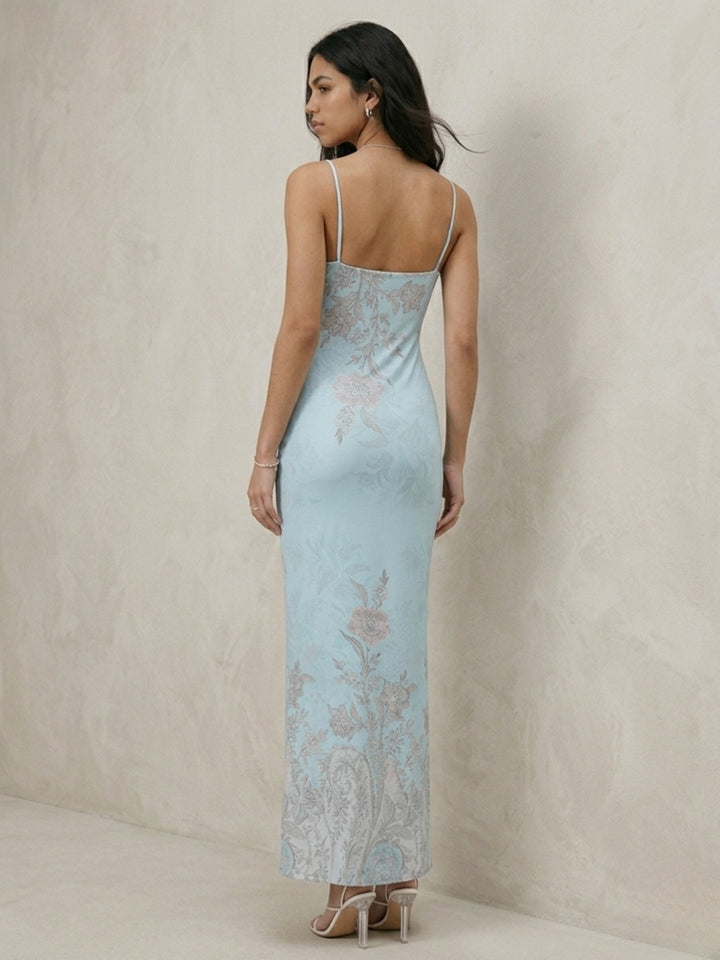 Light Blue Strapy Floral Printed Dress