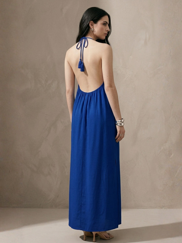 Blue Halter A-Line Solid Dress