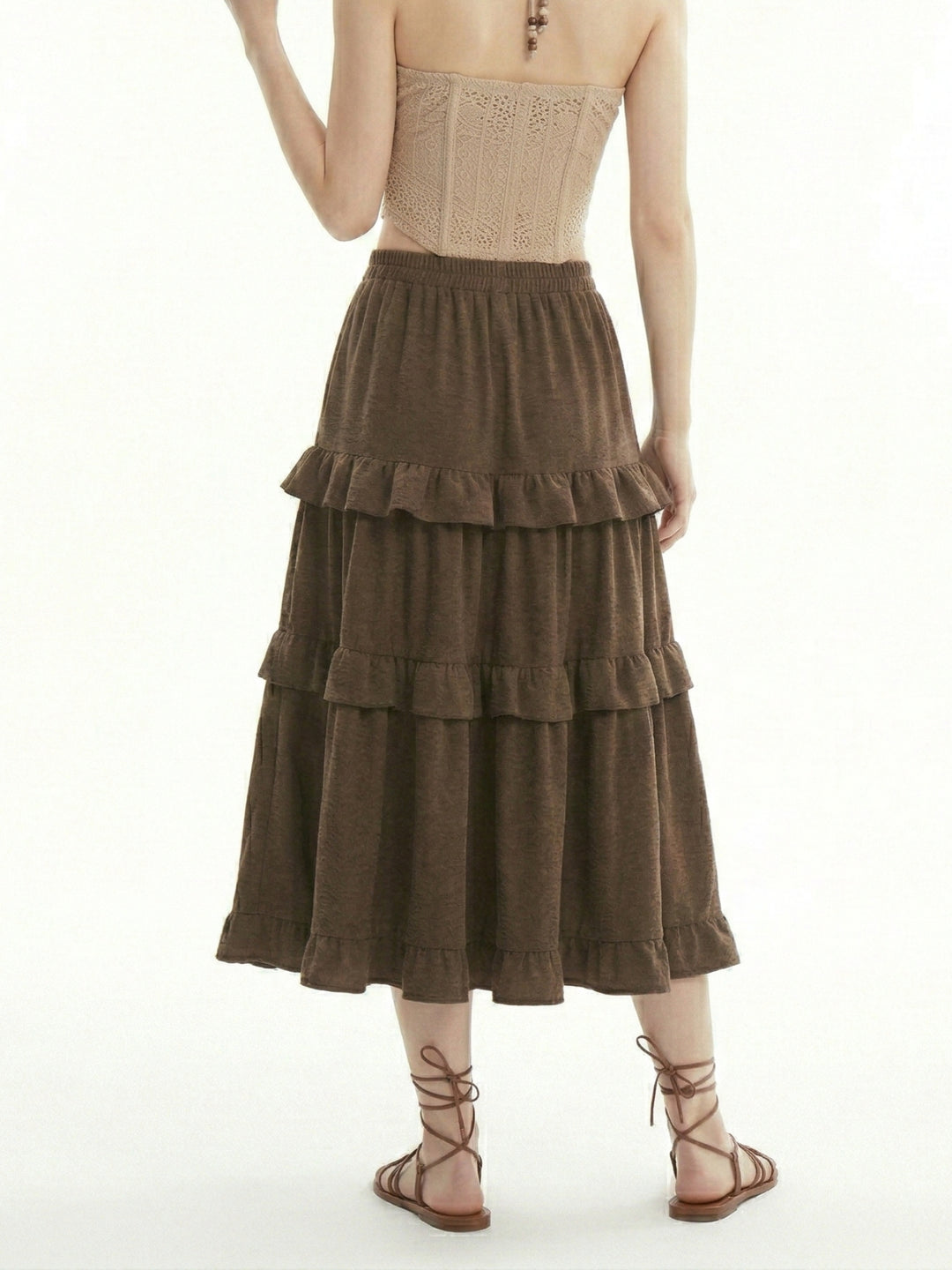 Brown Tiered Ruffle Detail Flared Skirt