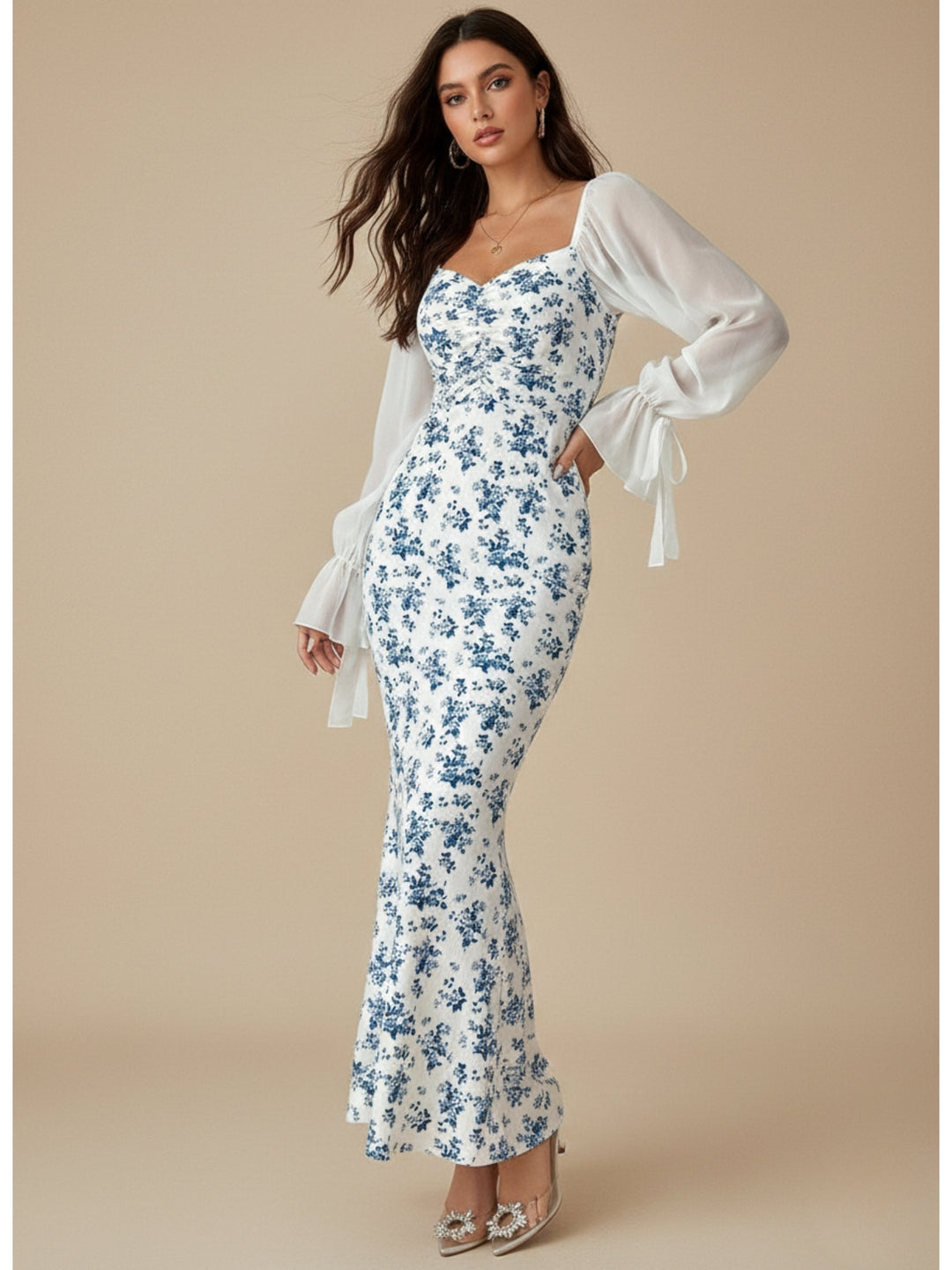 Blue Bishop Sleeve Floral Printed Dress