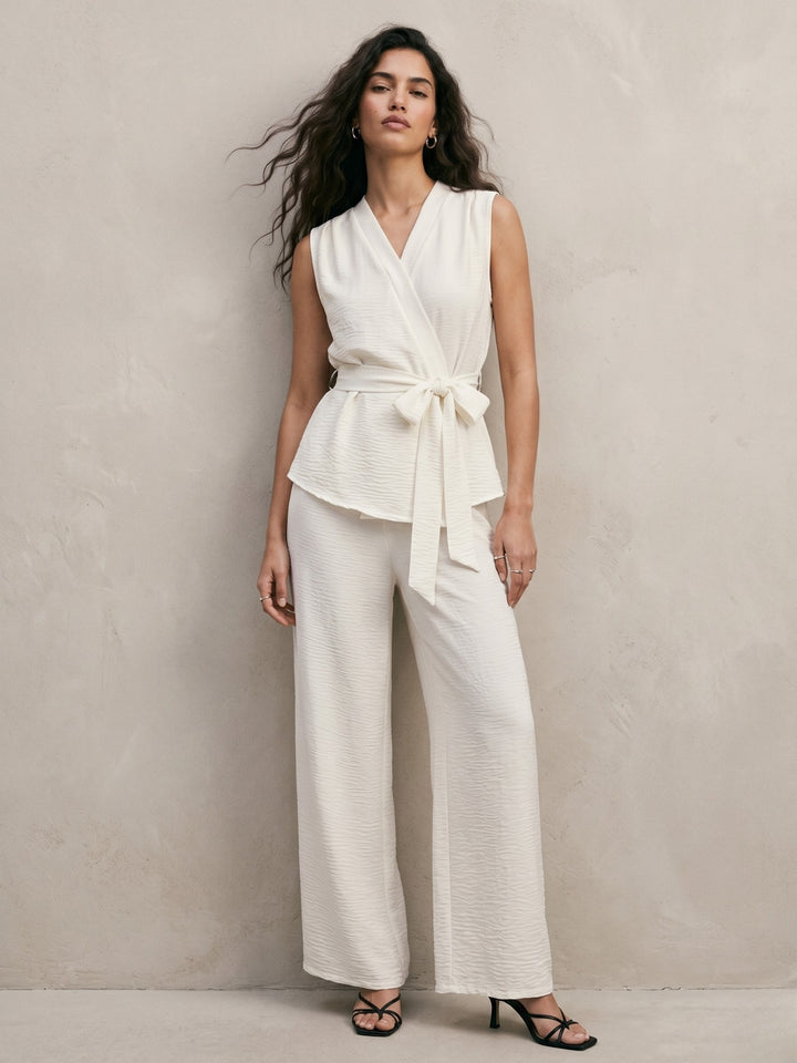 Off White Waist Tie-Up Detail Top And Pant Set