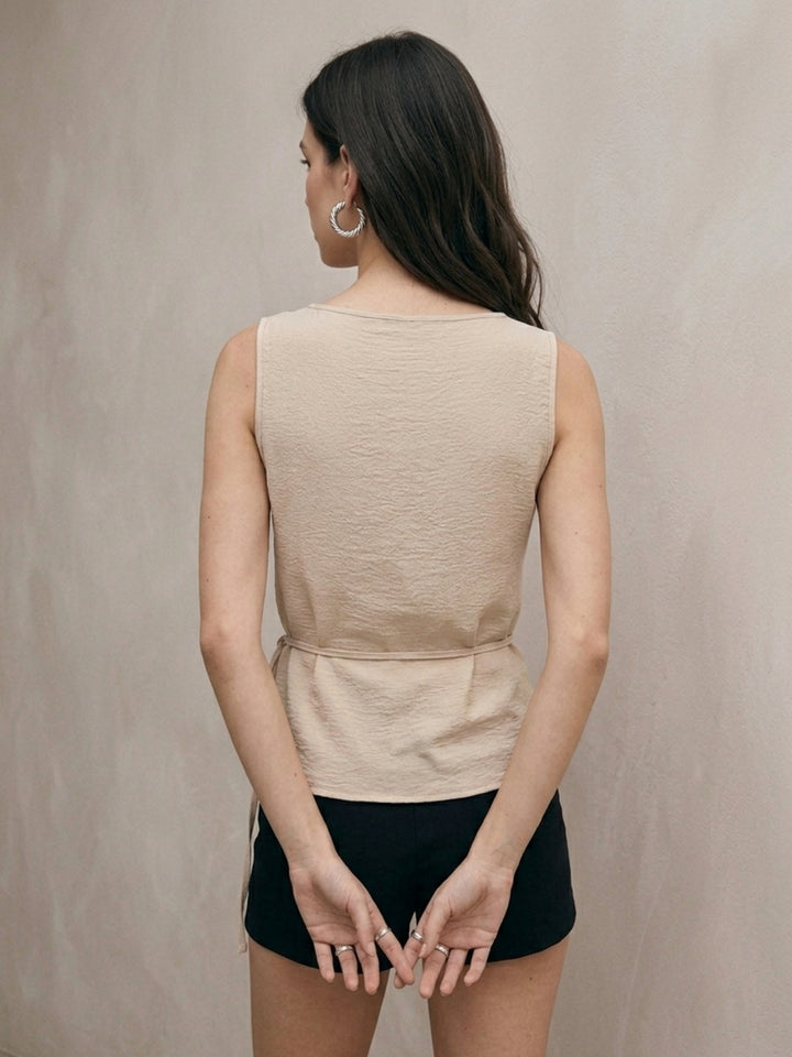 Beige Cowl Neck Wrap Blouse