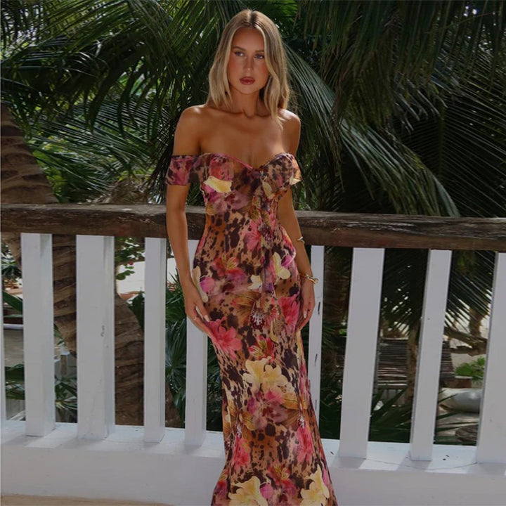 Brown Off Shoulder Floral Print Maxi Dress