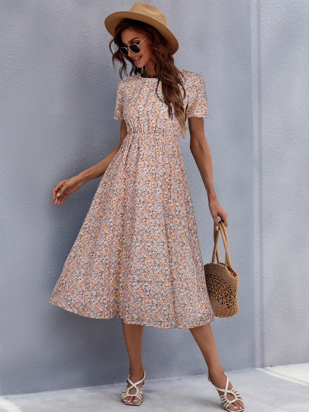 White Ditsy Print Waist Seam Fit And Flare Dress
