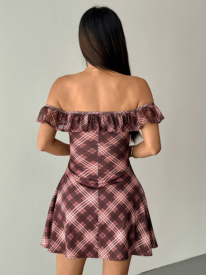 Multi Off-Shoulder Checkered Skater Dress