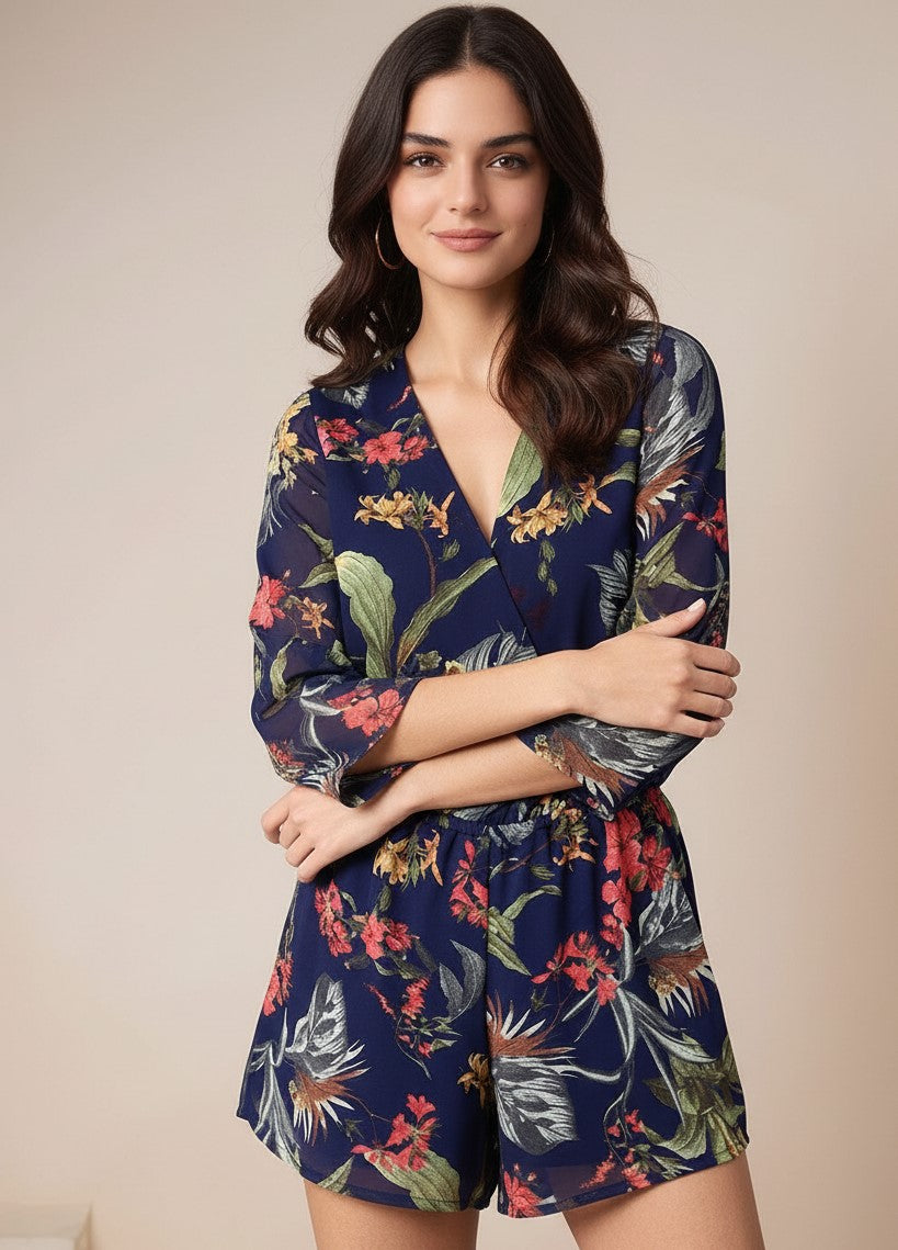 Navy Blue Printed V Neck Playsuit